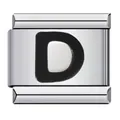 Polished stainless steel Italian modular charm link featuring a bold black letter D - Letter D