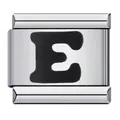Durable stainless steel Italian charm bracelet link featuring a black enamel letter E detail - Letter E