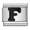 Polished stainless steel Italian modular charm link featuring a black enamel letter F design - Letter F
