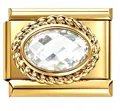 Gold Italian modular charm link featuring an oval faceted zircon and rope border. - Clear Zirconia