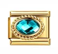 Premium gold stainless steel Italian modular charm with oval blue zircon stone inlay - Aqua Blue Zirconia
