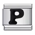 Polished stainless steel Italian charm bracelet link with a black enamel letter P design - Letter P