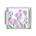 Stainless steel Italian modular charm link featuring a delicate purple floral enamel design - White Purple Floral Style (#23)