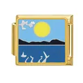 Módulo de charm italiano en acero dorado con diseño de esmalte de paisaje natural azul - Sol Rojo Montañas (#15) / Dorado