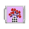 Stainless steel Italian charm link with red flowers in a checkered vase on lilac background - Purple Checkered Vase Bouquet Style (#24)