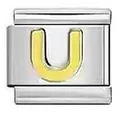 Individual Italian charm bracelet link featuring a gold-toned letter U in stainless steel - Letter U / Silver And Yellow