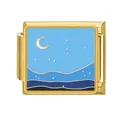 Eslabón de charm italiano de acero dorado con diseño de luna y cielo estrellado en esmalte azul - Luna Cielo Estrellado Ola (#21) / Dorado