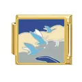 Eslabón de charm modular italiano de acero inoxidable dorado con diseño de pájaros - Pájaro Volando Cielo Azul (#22) / Dorado
