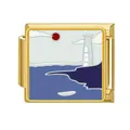 Eslabón de dije italiano dorado con diseño de esmalte de faro y paisaje marítimo. - Sol Rojo Faro Canoa (#23) / Dorado