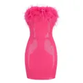 Sexy fuchsia strapless mini dress with ostrich feather trim and shiny sequined texture - XS / Dresses / Rose Red