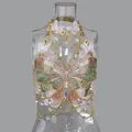 Top a farfalla ricamato con catene dorate e pendenti in cristallo a forma di stella - Taglia S / Top / Rosa