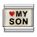 Dettaglio di charm modulare italiano in acciaio con incisione 'MY SON' e cuore - My Son (ICJ754)