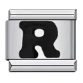 Modular Italian charm bracelet link with black letter R in polished stainless steel finish. - Letter R