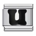 Polished silver stainless steel Italian modular charm link with a black letter U - Letter U
