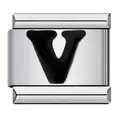 Italian modular charm link in polished stainless steel with a black enamel letter V design - Letter V