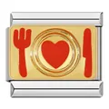 Maillon de charme italien doré avec assiette à cœur en émail rouge et icône de couverts - Motif Vaisselle (15) / 1 Pièce