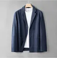 Close-up detail view of a minimalist lightweight blue linen casual blazer for men - M / Tops / Navy Blue