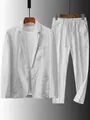 Traje casual de lino blanco para hombre con blazer transpirable y pantalón con cordón - M / Top Y Pantalón / Blanco