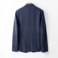 Detailed back view of a navy blue cotton-linen blend casual blazer on a hanger - S / Tops / Navy Blue