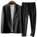 Traje de lino negro informal para hombre con blazer transpirable y pantalón con cordón - M / Top Y Pantalón / Negro
