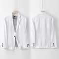Front and back views of a men's white lightweight linen blend leisure suit jacket. - S / Tops / White