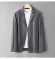 Casual grey linen blazer for men, thin summer jacket hanging on a wooden hanger - M / Tops / Gray