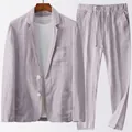 Completo estivo da uomo in lino casual con blazer traspirante e pantaloni con coulisse - Viola chiaro