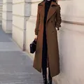 Elegant long brown wool coat for women featuring a slim fit and urban chic style. - Coffee