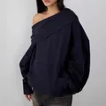 Stylish navy oversized off-the-shoulder sweatshirt featuring a cozy kangaroo pocket design - XS / Tops / Navy Blue
