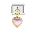 High-quality detail of a stainless steel Italian charm link featuring a pink heart pendant - Faceted Pink Crystal Heart Style (ICG204)