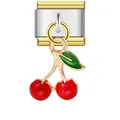 Detailed macro view of a stainless steel Italian charm link with a red cherry dangle - Cherry Pendant Link (ICG262)