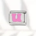 Stainless steel Italian modular charm bracelet link featuring a pink enamel letter U - Pink Letter (U) / Silver With Pink Letter