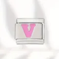Premium stainless steel Italian charm module with a stylish pink enamel letter V design - Pink Letter (V) / Silver With Pink Letter