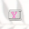 Personalized stainless steel Italian modular charm featuring a pink enamel letter Y - Pink Letter (Y) / Silver With Pink Letter