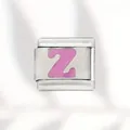 Polished stainless steel Italian charm link featuring a pink enameled letter Z design - Pink Letter (Z) / Silver With Pink Letter