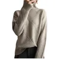 Detailed view of argyle diamond knit texture on soft beige turtleneck sweater - S / Tops / Khaki