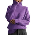 Close-up view of a purple high-neck knit sweater featuring a stylish textured diamond pattern - Purple
