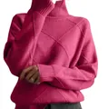 Detail of magenta argyle knit turtleneck sweater showing texture and ribbing - Rose Red