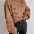 Minimalist brown women's chunky knit sweater in a cozy solid color urban style - S / Tops / Dark Brown