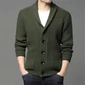 Men's thick olive green chunky knit cardigan with shawl collar and four buttons - S / Tops / Army Green