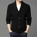 Classic men's black shawl collar knitted wool cardigan with elegant button closure - S / Tops / Black