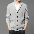 Men's classic thick knit cardigan with shawl collar and black buttons in light gray color - S / Tops / Light Gray