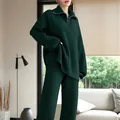 Elegant dark green ribbed knit two-piece set with half-zip sweater and wide-leg pants - S / Top And Bottom / Dark Green
