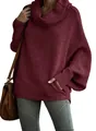 Elegant burgundy cowl neck oversized knit sweater with stylish lantern long sleeves - M / Tops / Burgundy