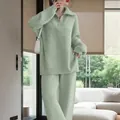 Elegant mint green half-zip knit sweater and wide-leg pants two-piece set for women - S / Top And Bottom / Bean Green