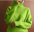 Vibrant lime green turtleneck sweater for women with textured diamond knit pattern details. - Grass Green