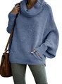 Casual blue turtleneck knit sweater featuring lantern sleeves and loose fit style for women - M / Tops / Blue