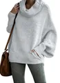 Cozy light grey chunky knit turtleneck sweater with oversized lantern sleeves for women - Light Gray