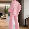 Loose pink cashmere knit set with high-collar zipper sweater and wide-leg pants - Pink