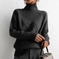 Dark grey turtleneck pullover sweater featuring a stylish diamond grid knit pattern - Dark Gray